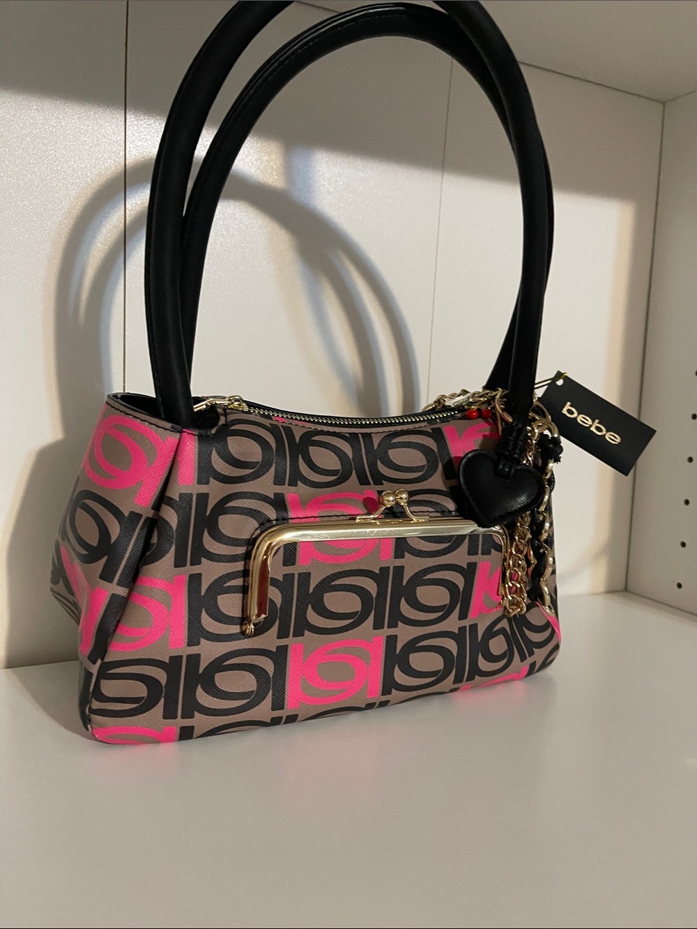 bebe Pink & Brown Logo Shoulder Bag with Black Handles